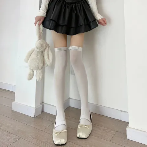 Women's Sweet Velvet Over The Knee Socks With Bow Solid Color Cute Thigh High Fashion Hosiery Long Stockings