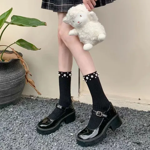 Women Sweet JK Lolita Crew Socks Cute Artificial Pearl Bow Lace Trim Cotton Mid-Calf Socks Spring Summer Student Hosiery
