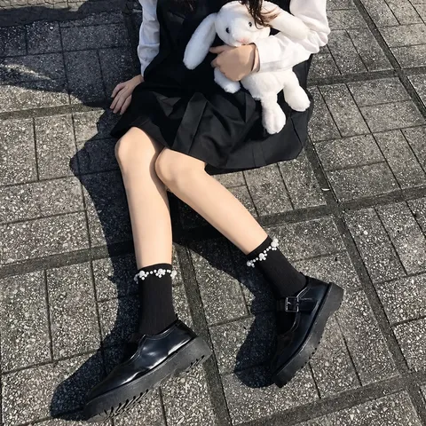 Women Sweet JK Lolita Crew Socks Cute Artificial Pearl Bow Lace Trim Cotton Mid-Calf Socks Spring Summer Student Hosiery