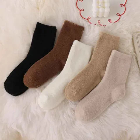 Women Winter Thickened Warm Coral Fleece Mid Tube Socks Solid Color Soft Fluffy Thermal Fleece Lined Socks