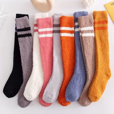 Women's Japanese Style Coral Fleece Over Knee Socks Warm Winter Thigh High Stockings With Double Stripes Soft Home Sleep Socks