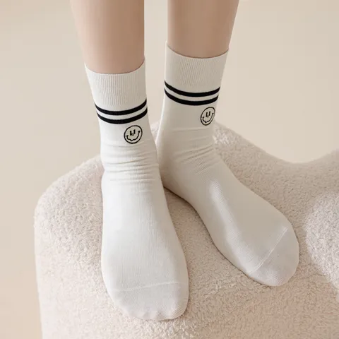 Women's Cotton Long Slouch Socks Two Stripe Embroidered Smiley Face Casual Breathable Stacked Socks