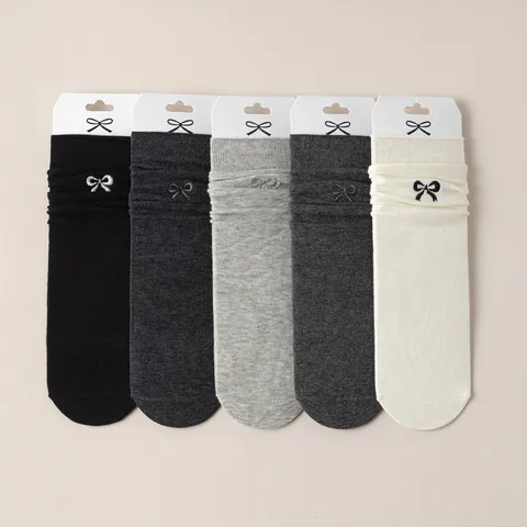 Women's Cute Bowknot Embroidered Crew Socks Japanese Style Sweet Cotton Breathable Sweat-Absorbent Casual Socks