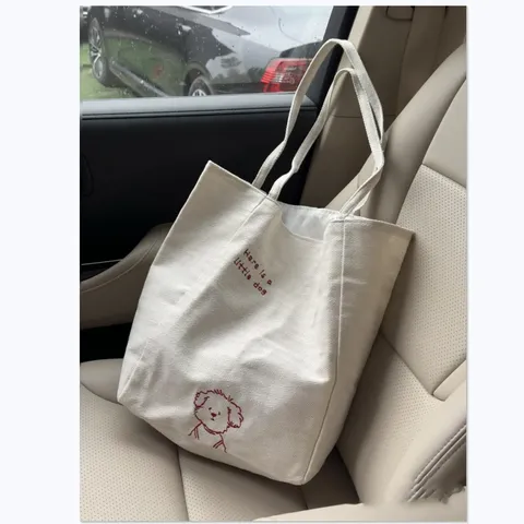 Borsa Tote in Tela Casual Per Donna Ricamo Cucciolo Carino Bianco Sporco Borsa a Tracolla Quotidiana