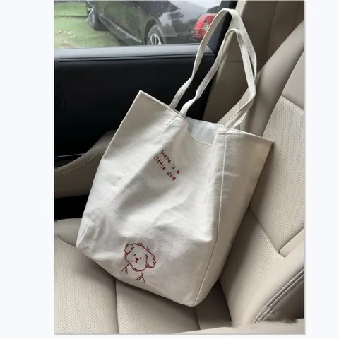 Borsa Tote in Tela Casual Per Donna Ricamo Cucciolo Carino Bianco Sporco Borsa a Tracolla Quotidiana