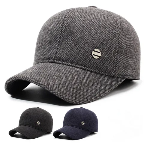 Men Winter Warm Woolen Baseball Cap Thickened Ear Flap Windproof Outdoor Casual Dad Hat For Winter
