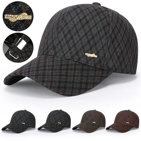 Women's Casual Cotton Plaid Baseball Cap Autumn Winter Warm Adjustable Outdoor Sun Protection Hat With Metal Rhinestone Decor