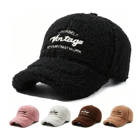 Women Winter Warm Sherpa Fleece Baseball Cap Vintage Embroidered Letter Casual Adjustable Dad Hat Outdoor