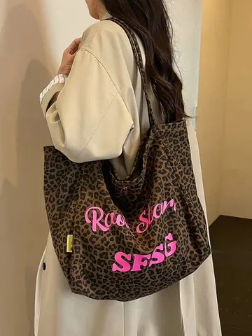 Borsa Tote in Tela con Stampa Lettere Leopardo Retro Grande Capacità Borsa a Spalla Casual Borsa per Shopping Commuting