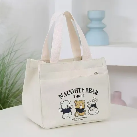 Women Canvas Tote Bag Casual Cartoon Bear Print Handbag Daily Commute Shopper Bag Large Capacity Lunch Bag