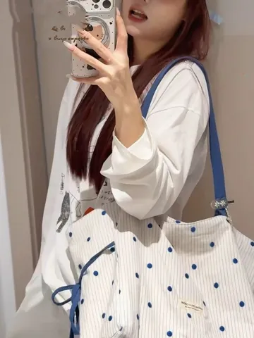 Borsa Tote in Tela da Donna Borsa a Tracolla Casual a Pois Blu Borsa a Mano Leggera per Viaggio di Grande Capacità