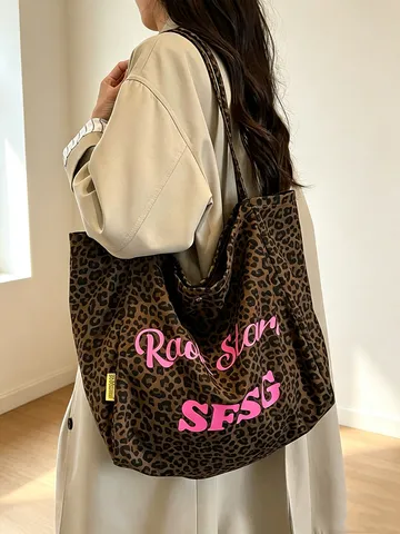 Borsa Tote in Tela con Stampa Lettere Leopardo Retro Grande Capacità Borsa a Spalla Casual Borsa per Shopping Commuting