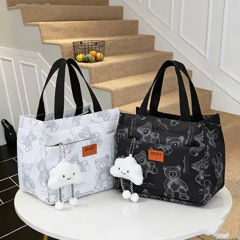 Bolsa de Almuerzo Isolada de Lona Bolsa Tote Térmica Caja Bento Lindo Estampado de Oso Bolsa de Almacenamiento para Mujeres Trabajo Diario