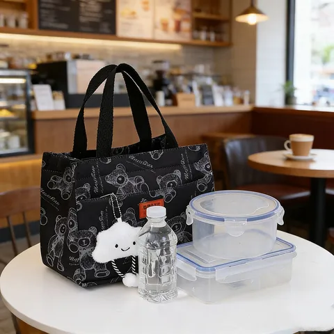 Bolsa de Almuerzo Isolada de Lona Bolsa Tote Térmica Caja Bento Lindo Estampado de Oso Bolsa de Almacenamiento para Mujeres Trabajo Diario