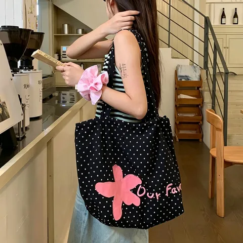 Borsa Tote Casual in Nylon da Donna Borsa a Tracolla con Pois Ricamo Floreale Grande Capacità Borsa a Mano