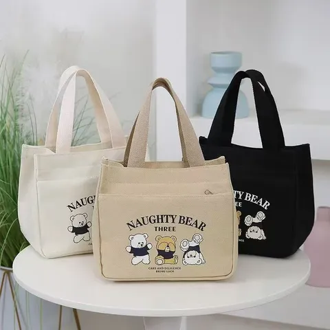Women Canvas Tote Bag Casual Cartoon Bear Print Handbag Daily Commute Shopper Bag Large Capacity Lunch Bag