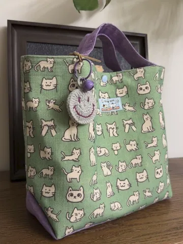 Borsa Tote in Tela con Stampa Gatto Verde Graziosa Borsa a Mano Casual Lavoro Grande Capacità