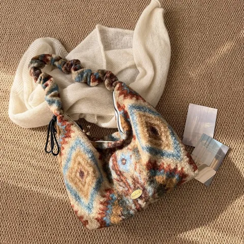Borsa Tote in Peluche a Rombi Geometrici Etnici Vintage da Donna Borsa a Tracolla Morbida con Coulisse a Blocchi di Colore Casual