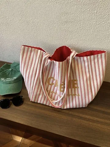 Borsa Tote in Tela Stile Francese Grande Capacità Borsa a Tracolla a Righe Casual Borsa a Mano per Donna