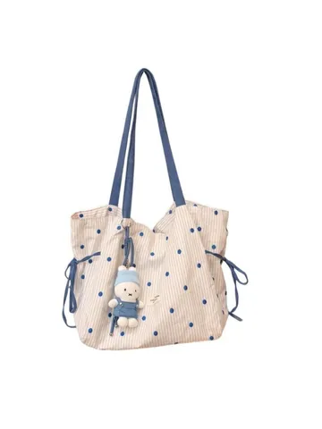 Borsa Tote in Tela da Donna Borsa a Tracolla Casual a Pois Blu Borsa a Mano Leggera per Viaggio di Grande Capacità