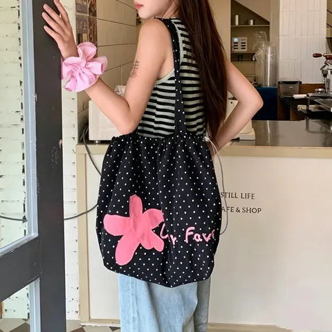 Borsa Tote Casual in Nylon da Donna Borsa a Tracolla con Pois Ricamo Floreale Grande Capacità Borsa a Mano