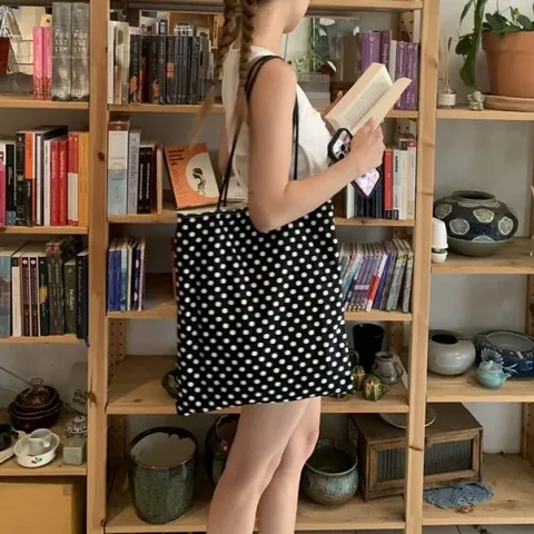 Borsa Tote in Tela da Donna a Pois Nero e Bianco Casual Grande Capacità Borsa a Tracolla Retro Borsa da Lavoro con Cinturino in Pelle