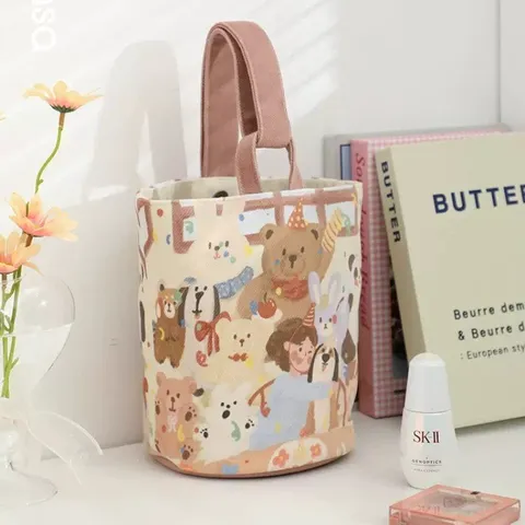 Borsa a Secchiello in Tela con Stampa di Orsetto di Cartone Animato Pittura ad Olio Vintage Borsa da Donna Casual di Grande Capacità