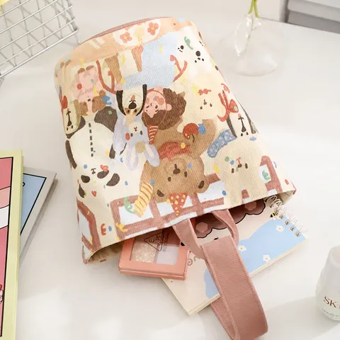 Borsa a Secchiello in Tela con Stampa di Orsetto di Cartone Animato Pittura ad Olio Vintage Borsa da Donna Casual di Grande Capacità