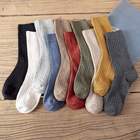 Chaussettes Mi-Longues Tricotées Côtelées Unies Décontractées pour Femmes Style Japonais Chaussettes Empilées Mignonnes