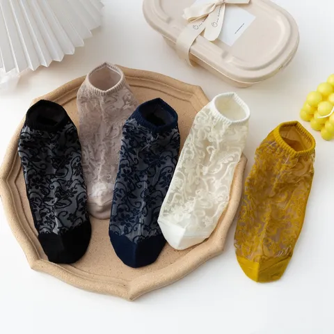 Chaussettes Courtes Invisibles en Coton Floral Mesh pour Femmes Décontracté Vintage Japonais Respirant