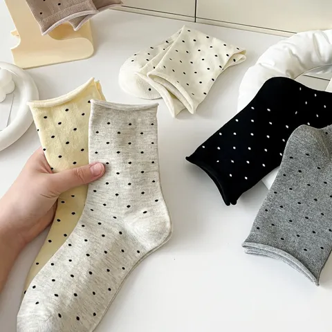 Women S Casual Polka Dot Mid Tube Socks Combed Cotton Rolled Cuff Japanese Style Daily Wear Breathable Crew Socks