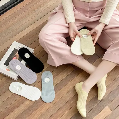 Women Summer Thin Low Cut No Show Socks Solid Color Vertical Stripe Anti-Slip Breathable Combed Cotton Boat Socks