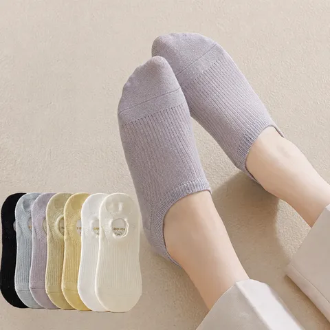 Women Summer Thin Low Cut No Show Socks Solid Color Vertical Stripe Anti-Slip Breathable Combed Cotton Boat Socks