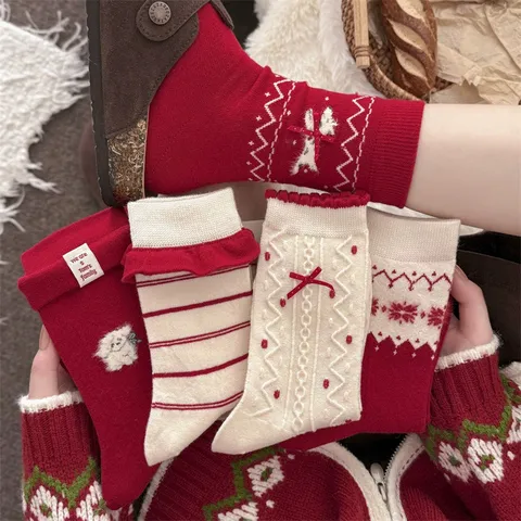 Women's Winter Thickened Warm Wool Socks Red Festive Cute Cartoon Embroidery Mid Tube Socks