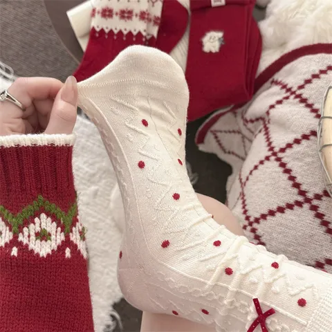 Women's Winter Thickened Warm Wool Socks Red Festive Cute Cartoon Embroidery Mid Tube Socks