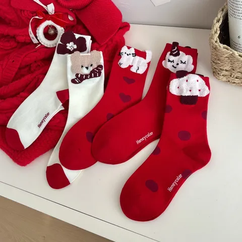 Women Winter Warm Mid-Calf Socks Thickened Plush Cartoon Cat Bear Bow Cute Festive New Year Red Cotton Socks Casual Hosiery