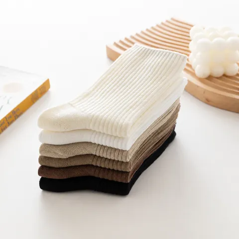 Women Casual Solid Color Ribbed Cotton Mid Tube Slouch Socks Japanese Style Basic Daily Wear Socks