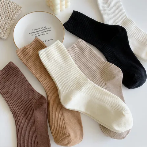Women Casual Solid Color Ribbed Cotton Mid Tube Slouch Socks Japanese Style Basic Daily Wear Socks