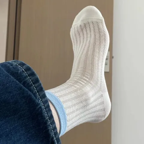 Womens Summer Mesh Breathable Mid Calf Socks Pure Cotton Japanese Hollow Out Candy Color Long Socks