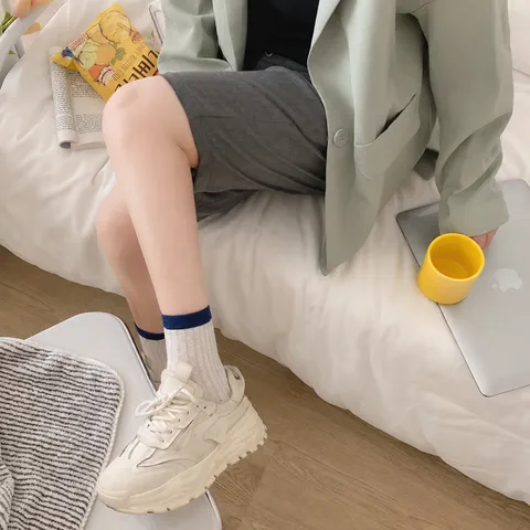 Womens Summer Mesh Breathable Mid Calf Socks Pure Cotton Japanese Hollow Out Candy Color Long Socks