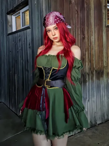 Women Retro Pirate Captain Costume Dress Medieval Steampunk Pirate Outfit For Halloween Carnival Stage Performance Party Fancy Dress