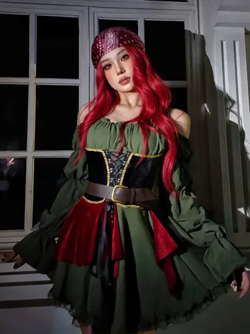 Women Retro Pirate Captain Costume Dress Medieval Steampunk Pirate Outfit For Halloween Carnival Stage Performance Party Fancy Dress