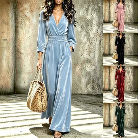 Women Elegant V-Neck Velvet Jumpsuit Long Sleeve High Waist Wide Leg One-Piece Romper For Autumn Winter Casual Party