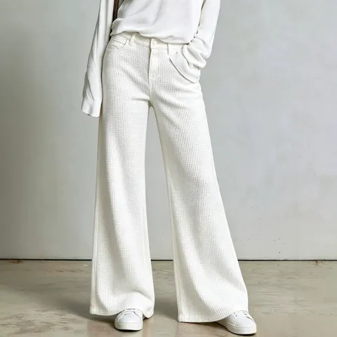Damen Waffelstrick Gerade Weite Hose Minimalistisch Hohe Taille Lässig Locker Einfarbig Atmungsaktiv Alltagshose
