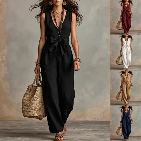 Women's V Neck Sleeveless Jumpsuit Casual Bow Tie Waist Wide Leg Romper Polyester Vacation Long Pant Jumpsuit for Women