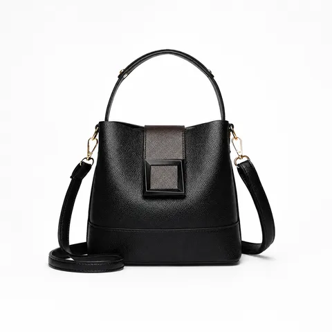 Dames Litchi Korrel PU Leer Emmer Tas Contrastkleur Vierkante Gesp Handtas Verstelbare Schouderriem Crossbody Tas