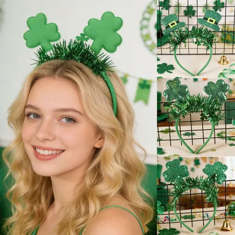 Plastic Fabric Tinsel Green Shamrock Headband For St Patrick's Day Irish Festival Party Decoration For Unisex Holiday Accessory