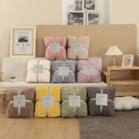 Manta Suave Color Sólido Jacquard 3D Patrón Diamante Franela Vellón Para Sofá Cama Todas Las Estaciones Cálida Acogedora Felpa