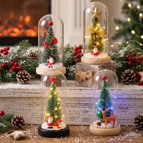 Mini Christmas Tree Glass Dome Table Ornament LED Glowing Light Santa Claus Reindeer Figurine Festive Decoration Xmas Gift
