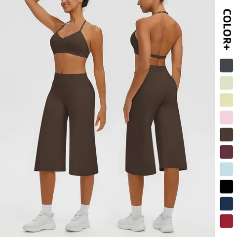 Women Halter Backless Yoga Bra And High Waist Quick Dry Capri Pants Running Sportswear Activewear Top And Bottom
